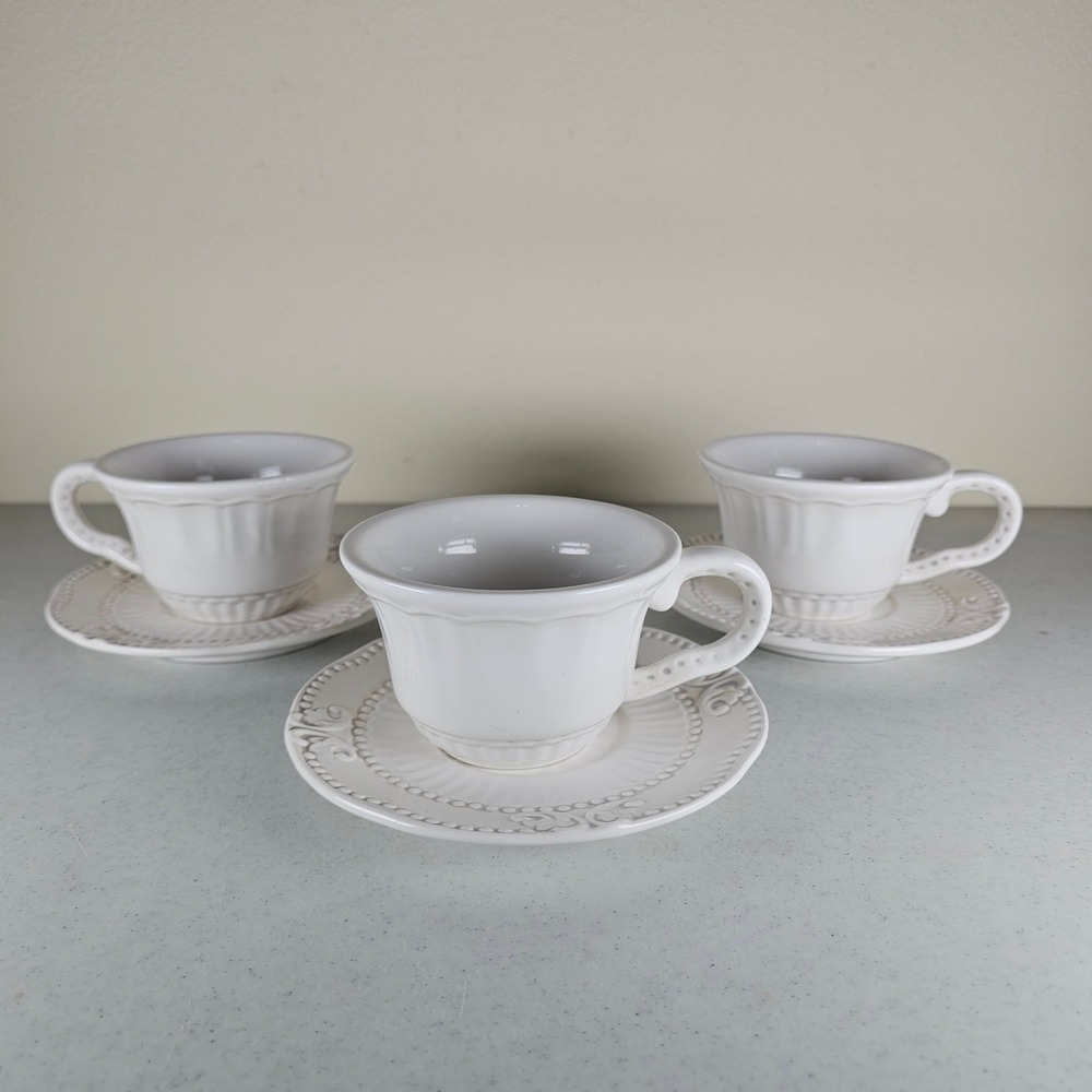 American Atelier "BAROQUE" ~ Set of 3 ~ Cups & Saucers ~ 2 5/8"‎ Tall Bianca